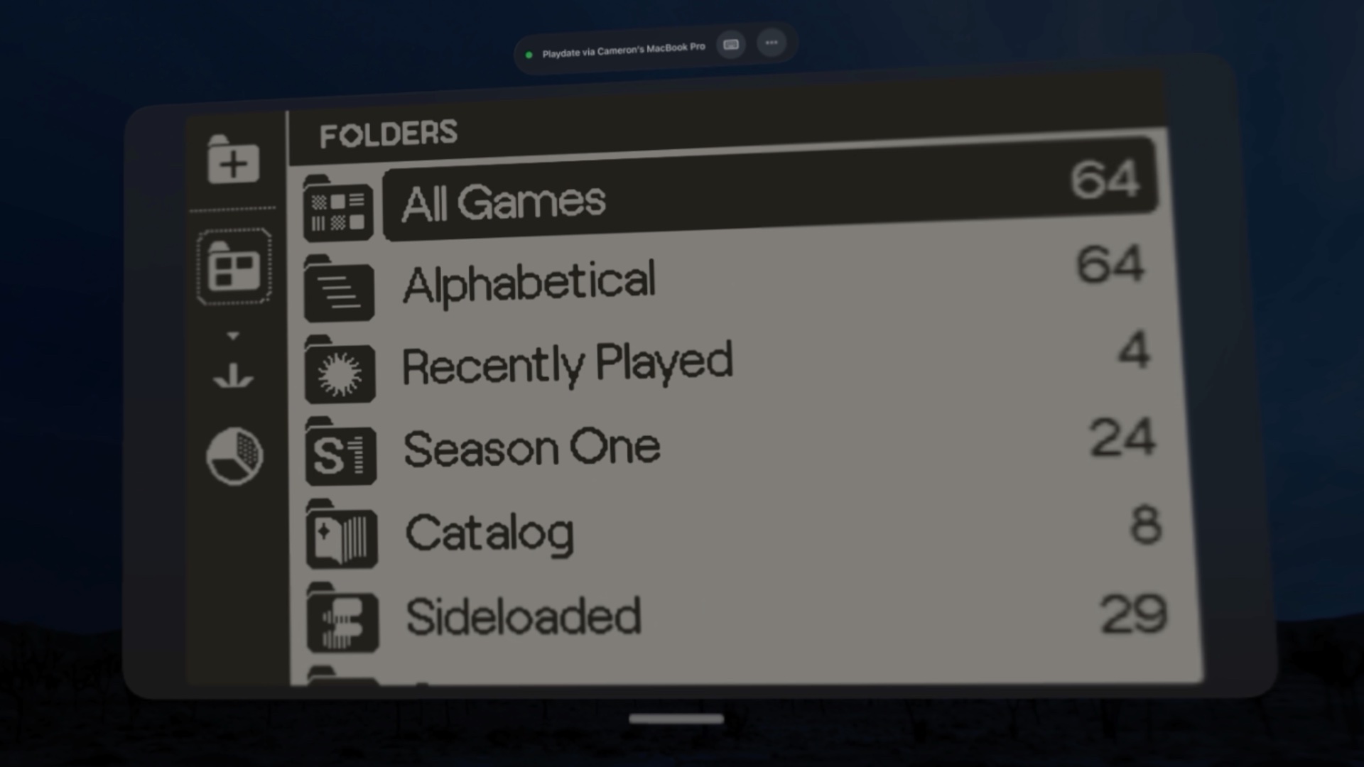 The Playdate's folder list in Crankovox on Apple Vision Pro, with crisp, readable text