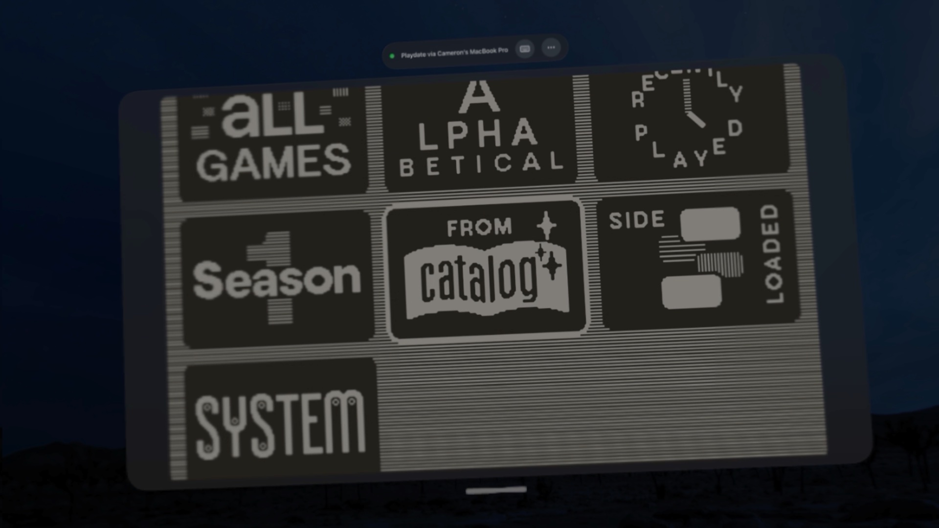 The Playdate's home screen shown in a large Crankovox window on Apple Vision Pro